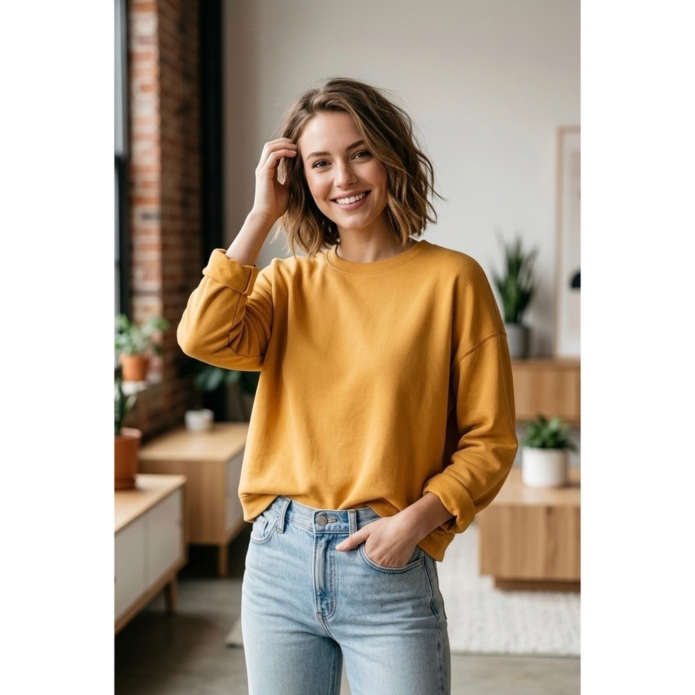 Madewell MWL Mustard Yellow Crewneck Sweatshirt Drop Shoulder Size Small